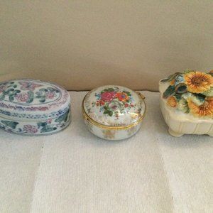 Lot of three ceramic porcelain trinket box jewelry box floral